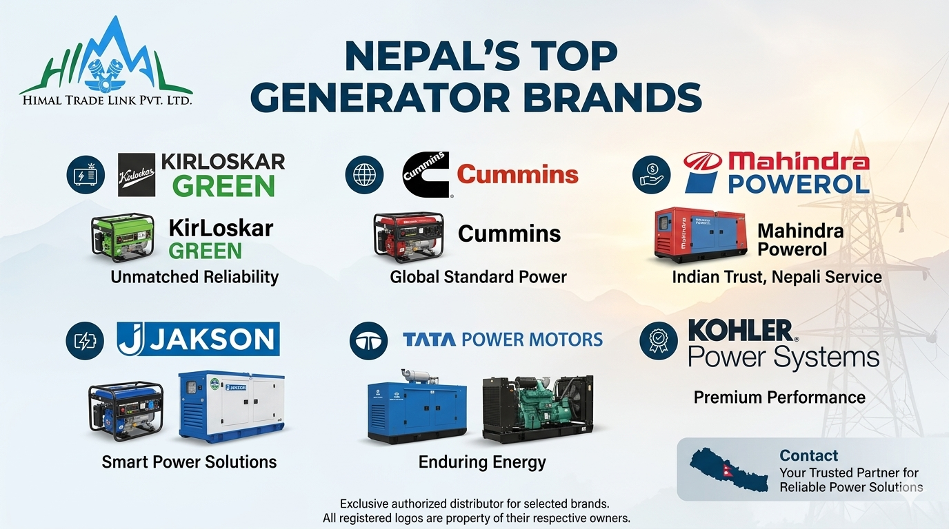 generator brands Nepal, Kirloskar generator, Cummins generator, Perkins generator, Mahindra Powerol generator, Mitsubishi generator, Caterpillar generator, Volvo generator, Deutz generator, diesel DG