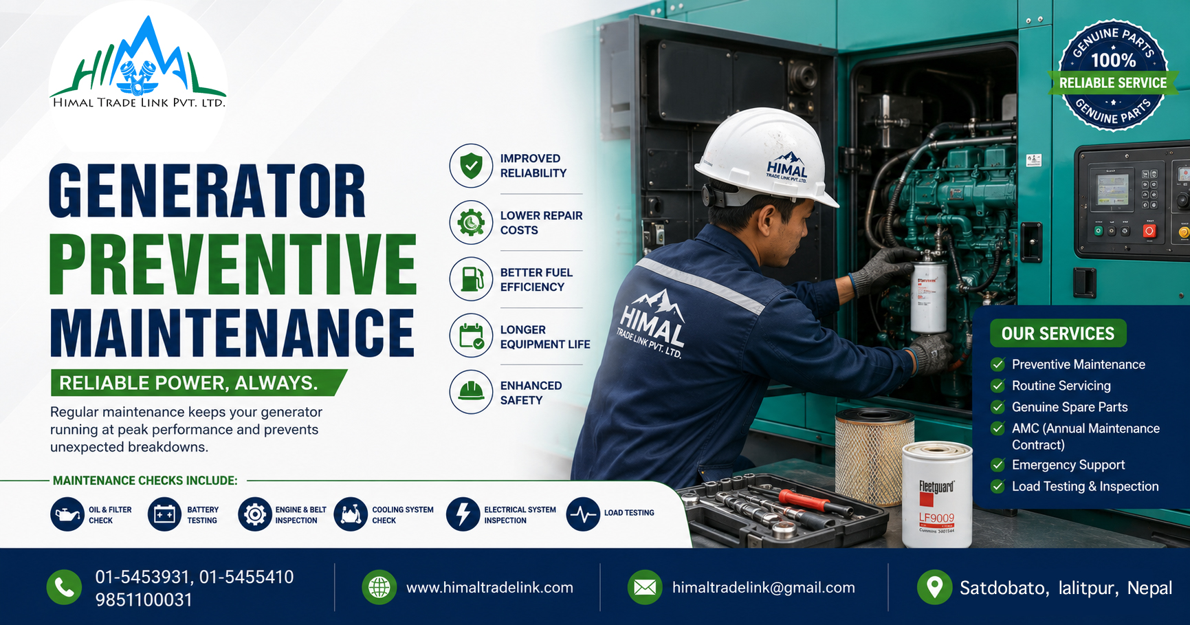 generator maintenance Nepal, generator servicing Nepal, diesel generator maintenance, generator preventive maintenance, generator spare parts Nepal, generator AMC Nepal, Himal Trade Link, generator